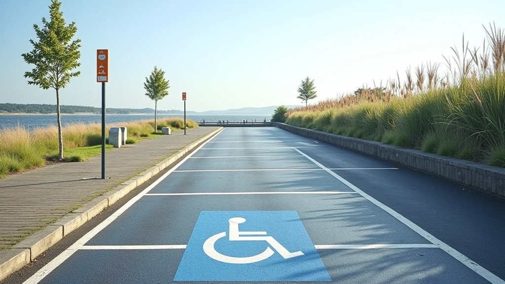 Accessible parking lot with clear signage and level paved access to walking path entrance