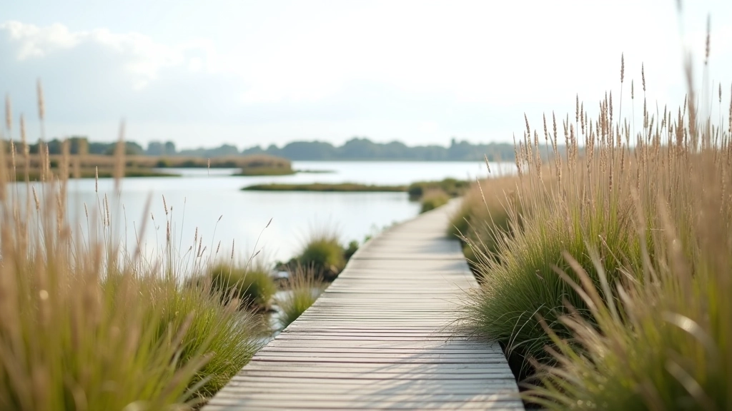 Close-up of wetland plants and water with distant sailboat on Dublin Bay horizon