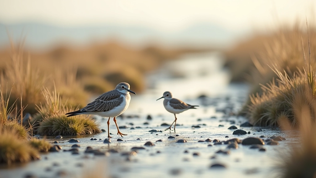 Detailed view of estuary ecosystem showing birds and wetland habitat