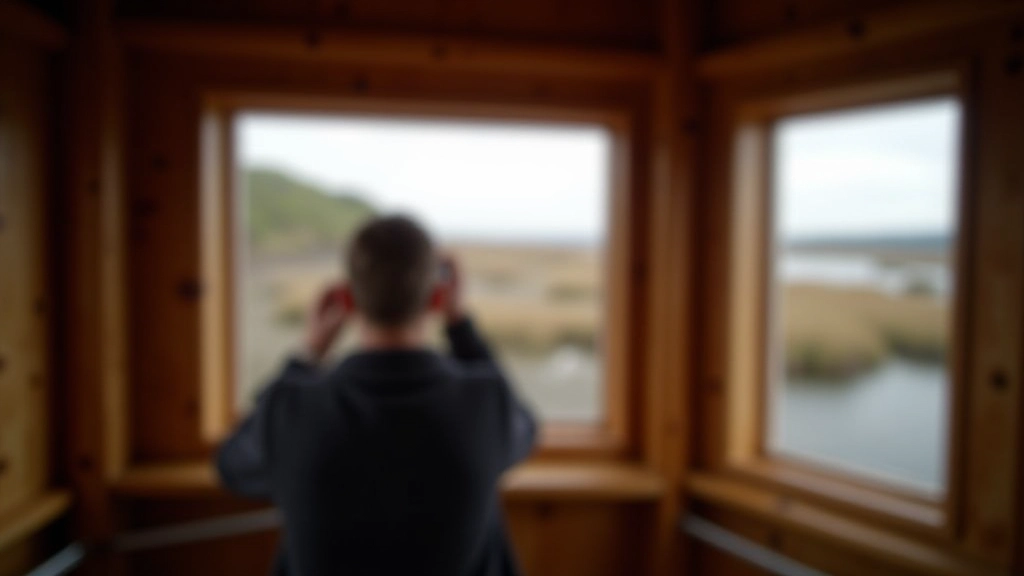 Bird watcher using binoculars inside wooden bird hide structure overlooking wetland
