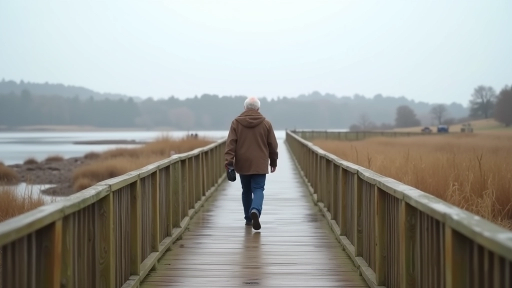 Person walking on wooden pathway overlooking Dublin Bay