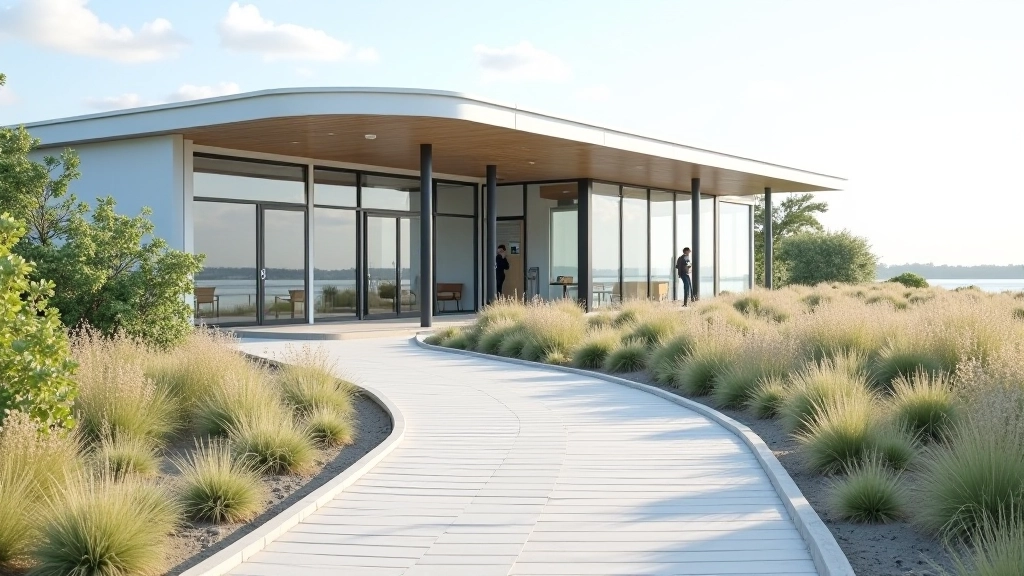 Modern accessible visitor center building with clear entrance ramp and large windows, surrounded by natural landscaping