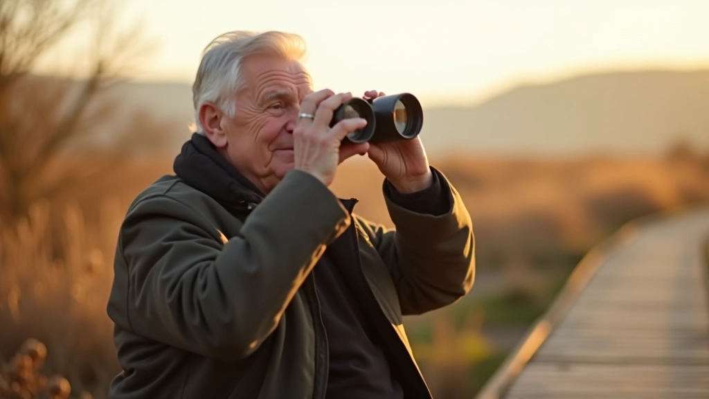 Senior person wearing binoculars looking out toward water with reeds and natural landscape, seated on a bench