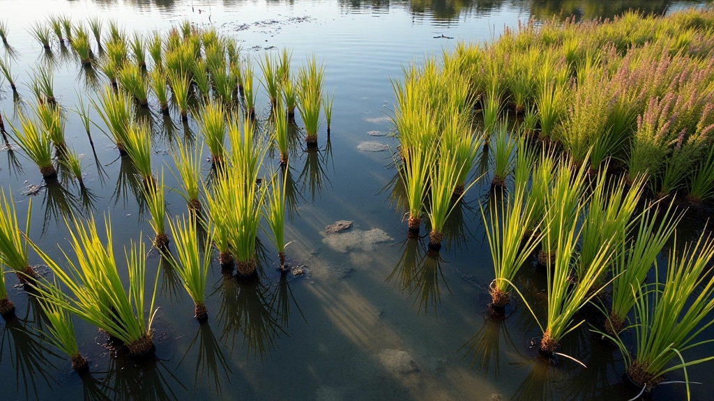 Salt marsh plants with blue-purple glasswort and cordgrass stems, shallow water between vegetation, natural marshland habitat