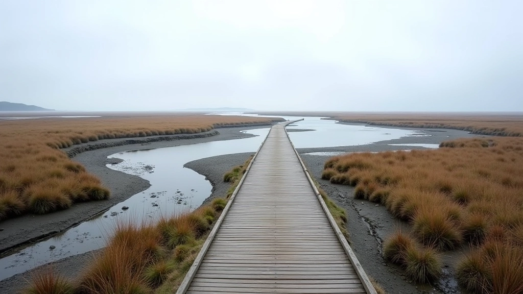 Tidal mudflats exposed at low tide with salt marsh vegetation and water channels visible, overcast sky, natural coastal lighting