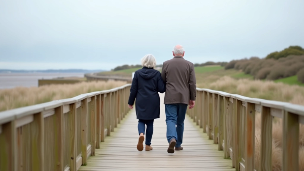 Two people walking side by side on wooden boardwalk with handrails visible, calm bay water beside them