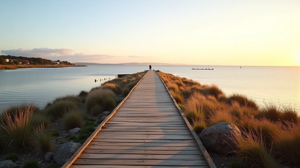 Wooden walkway stretching across calm estuary waters with distant shoreline